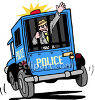 Cartoon of a man in the back of a blue police car